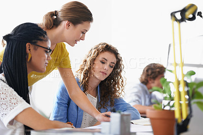 Buy stock photo Engineering women, training or mentor planning a project talking with leadership in office meeting. Woman coaching, documents or team of employees for a floor plan strategy or ideas in architecture