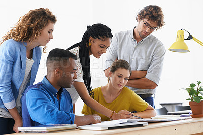 Buy stock photo Business people, documents and teamwork in planning, collaboration or meeting for strategy at office. Group of employees working on paperwork in diversity or team brainstorming for ideas at workplace
