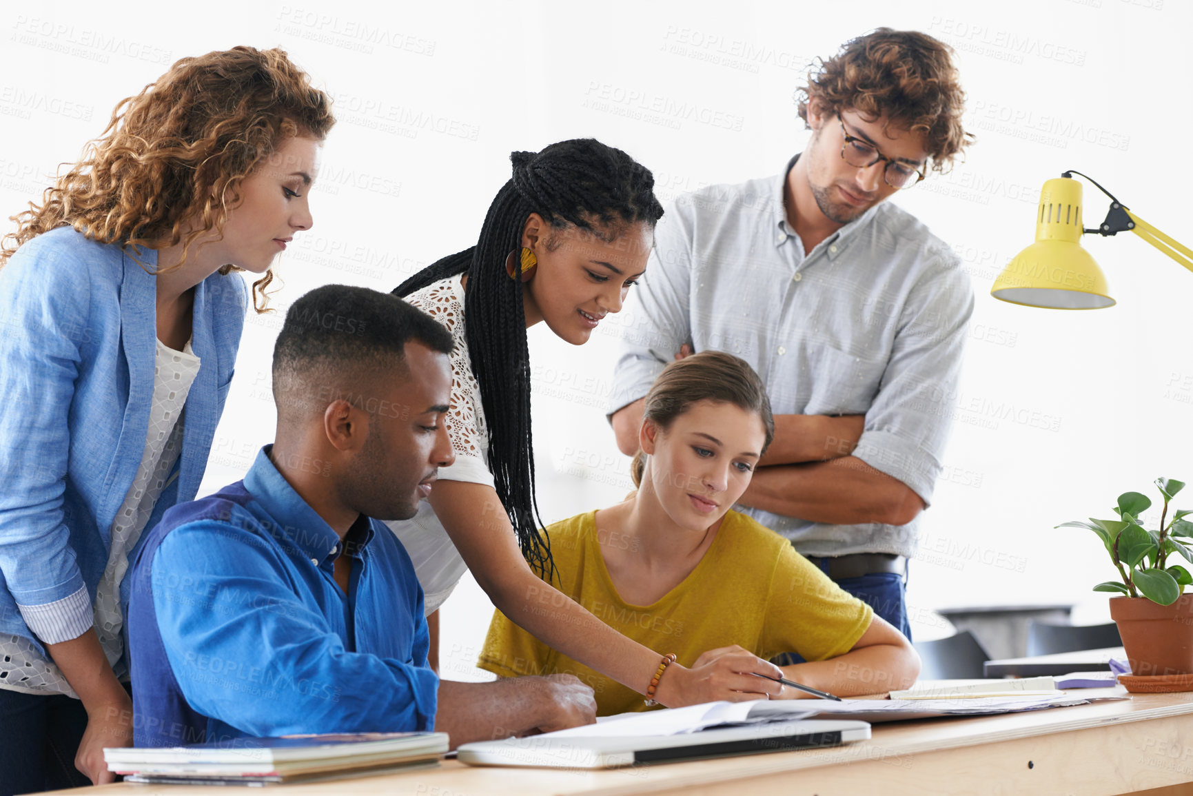 Buy stock photo Business people, documents and teamwork in planning, collaboration or meeting for strategy at office. Group of employees working on paperwork in diversity or team brainstorming for ideas at workplace
