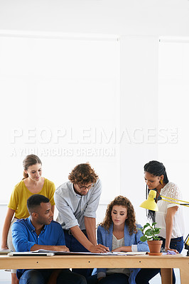 Buy stock photo Businessman, coaching and paperwork in team strategy, meeting or training staff for planning at the office. Business people with coach and document in teamwork for group project or plan at workplace