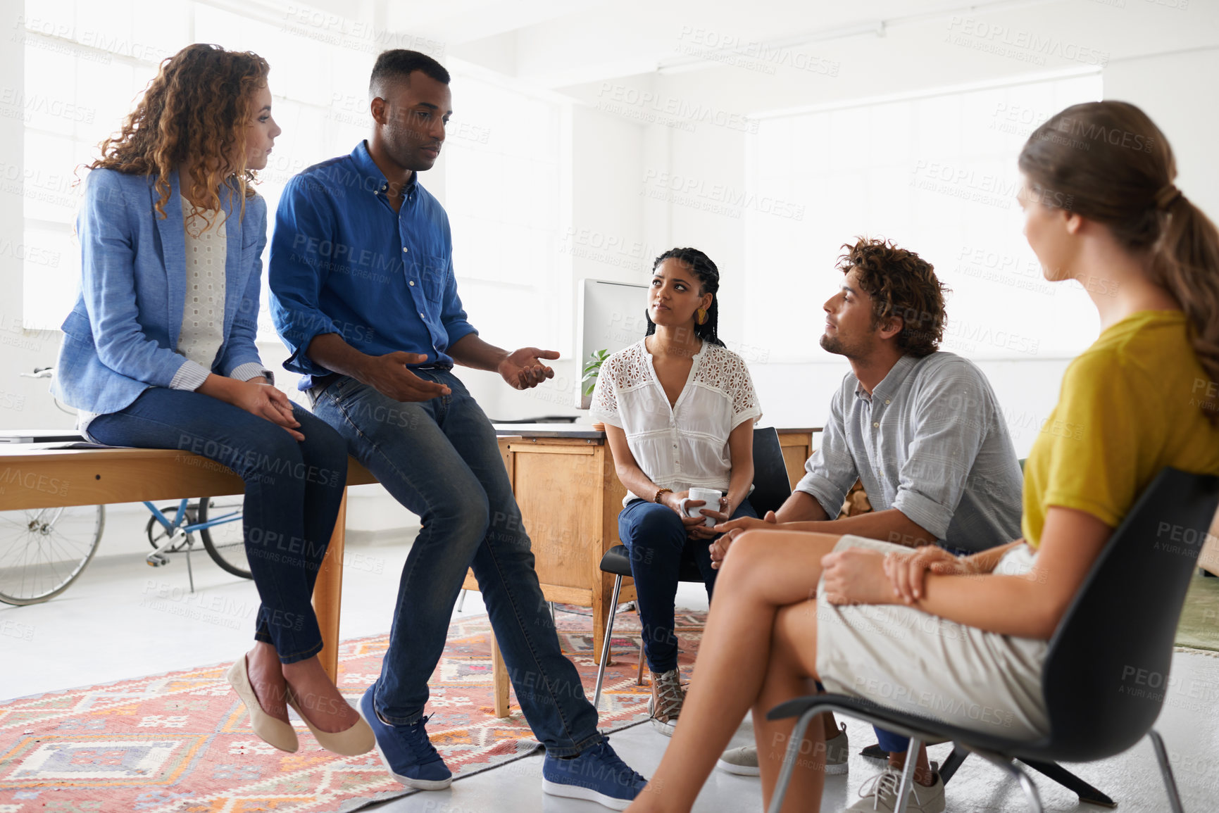 Buy stock photo People, discussion and planning in creative business, problem solving and communication for ideas. Employees, diversity and designers in meeting for project, collaboration and support in teamwork