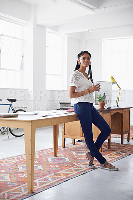 Buy stock photo Black woman, inspiration and morning in office with ideas for interior design, renovation and startup for project. Female person, thinking and creativity for small business and confident with coffee