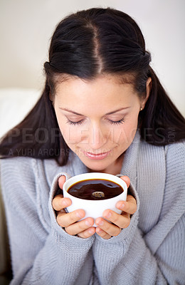Buy stock photo Aroma, coffee and woman with drink in home, calm or relax for breakfast in the morning. Smell, latte and person with espresso in cup, beverage and fresh cappuccino with eyes closed for peace in house
