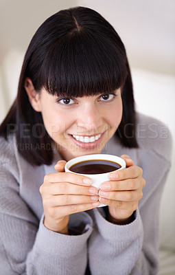 Buy stock photo Morning, portrait and woman with coffee in home to drink with smile from happiness of beverage. Female person, peace and tea for girl in apartment to relax, espresso and cozy in house with cup