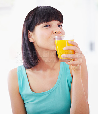 Buy stock photo Portrait, orange juice and woman with drink for healthy diet, nutrition and wellness in home. Face, glass and person with beverage, vitamin c and organic fruit liquid for breakfast in the morning
