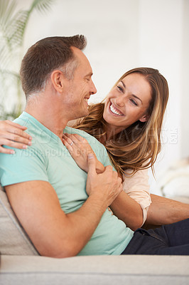 Buy stock photo Couple, hug with support and love in marriage, life partner with happiness and affection for bonding at home. People with embrace, trust and care for commitment, loyalty and respect with smile 