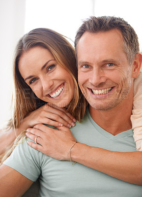 Buy stock photo Portrait, support and couple with a smile, hug and romantic with joy, cheerful and quality time. Face, mature man and happy woman embrace, loving and partners with relationship, marriage and bonding