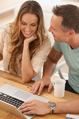 Buy stock photo Happy couple, laptop and table with online planning, website review, check feedback or application for information. Woman with partner or people scroll, reading and search on computer for insurance