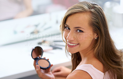 Buy stock photo Portrait, woman and smile for powder, makeup and beauty for acting, stage and performance. Happy, female person or actress with cosmetics, long hair and lipstick for flawless skin for photoshoot