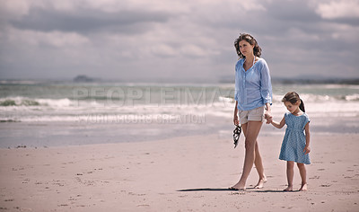 Buy stock photo Mother, child and hand holding on beach for walking explore for travel experience or holiday, weekend or bonding. Female person, daughter and relax at Australia seaside for peace, vacation or trip