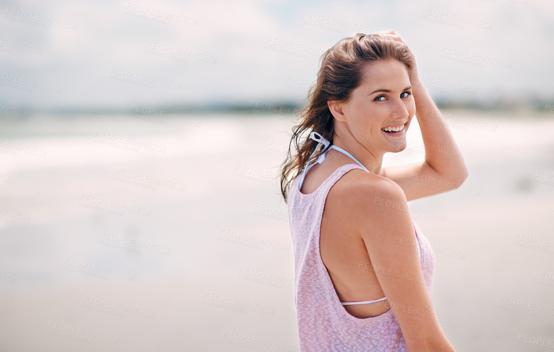 Buy stock photo Happy woman, portrait and beach for summer vacation, holiday or tropical weekend in nature. Face of young female person with smile for fun travel, walk or enjoying outdoor day by the ocean coast
