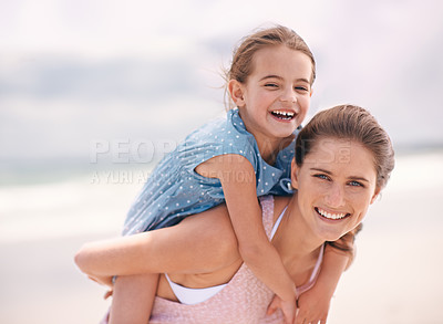 Buy stock photo Mother, daughter and piggyback, portrait on beach for bonding and love, travel and vacation in Mexico. Happiness, care and trust, woman and girl kid playing game with smile and family time outdoor