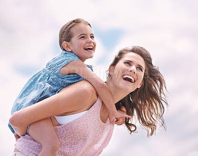 Buy stock photo Mother, child and piggyback, happy on the beach for bonding and love, travel and vacation in Mexico. Freedom, care and trust, woman and daughter playing game with joy and family time together outdoor