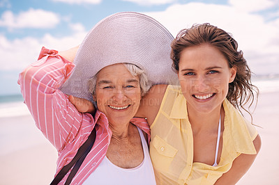 Buy stock photo Grandmother, woman and portrait or beach wind for  vacation on tropical island or holiday, happiness or retirement. Female people, face and sun hat at Florida seaside or travel tourism, relax or trip