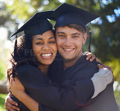 Buy stock photo Graduation, university and portrait of couple hug for learning, studying and knowledge on campus. Education, academy students and man and woman embrace for celebration, graduate ceremony and college