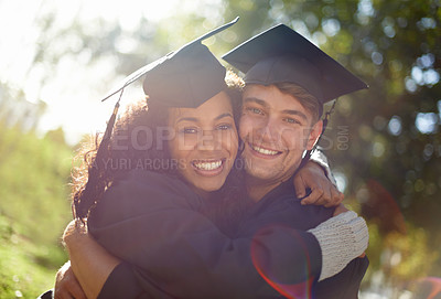 Buy stock photo Graduation, university and portrait of students hug for learning, studying and knowledge on campus. Education, academy and man and woman embrace for celebration, graduate ceremony and college friends