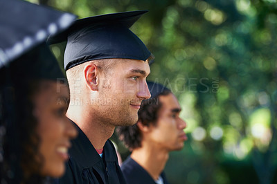 Buy stock photo Graduation, university and students in park for learning, studying and knowledge on academy campus. Education, friends and profile of men and woman for celebration, graduate ceremony and college