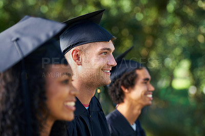 Buy stock photo Graduation, university and happy students in park for learning, studying and knowledge on academy campus. Education, friends and profile of men and woman for celebration, graduate ceremony or college