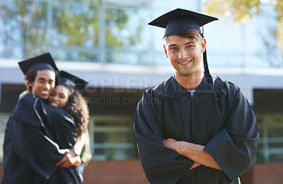 Buy stock photo Graduation, friends and portrait of man at university for learning, studying and knowledge on campus. Education, academy and men and woman outdoors for celebration, graduate ceremony and college