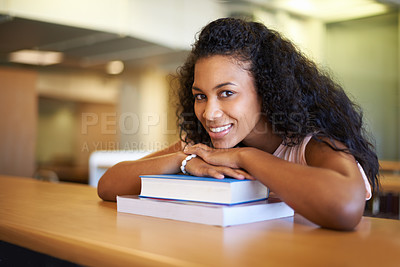 Buy stock photo Education, library and portrait of woman with books for knowledge, learning and studying at college. University, reading and person with textbook for literature, research and information at academy