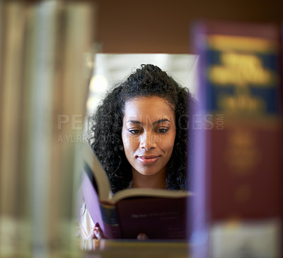 Buy stock photo Reading, bookshelf and woman with books in library for knowledge, learning and studying at college. University, education and person with textbook for literature, research and information at academy