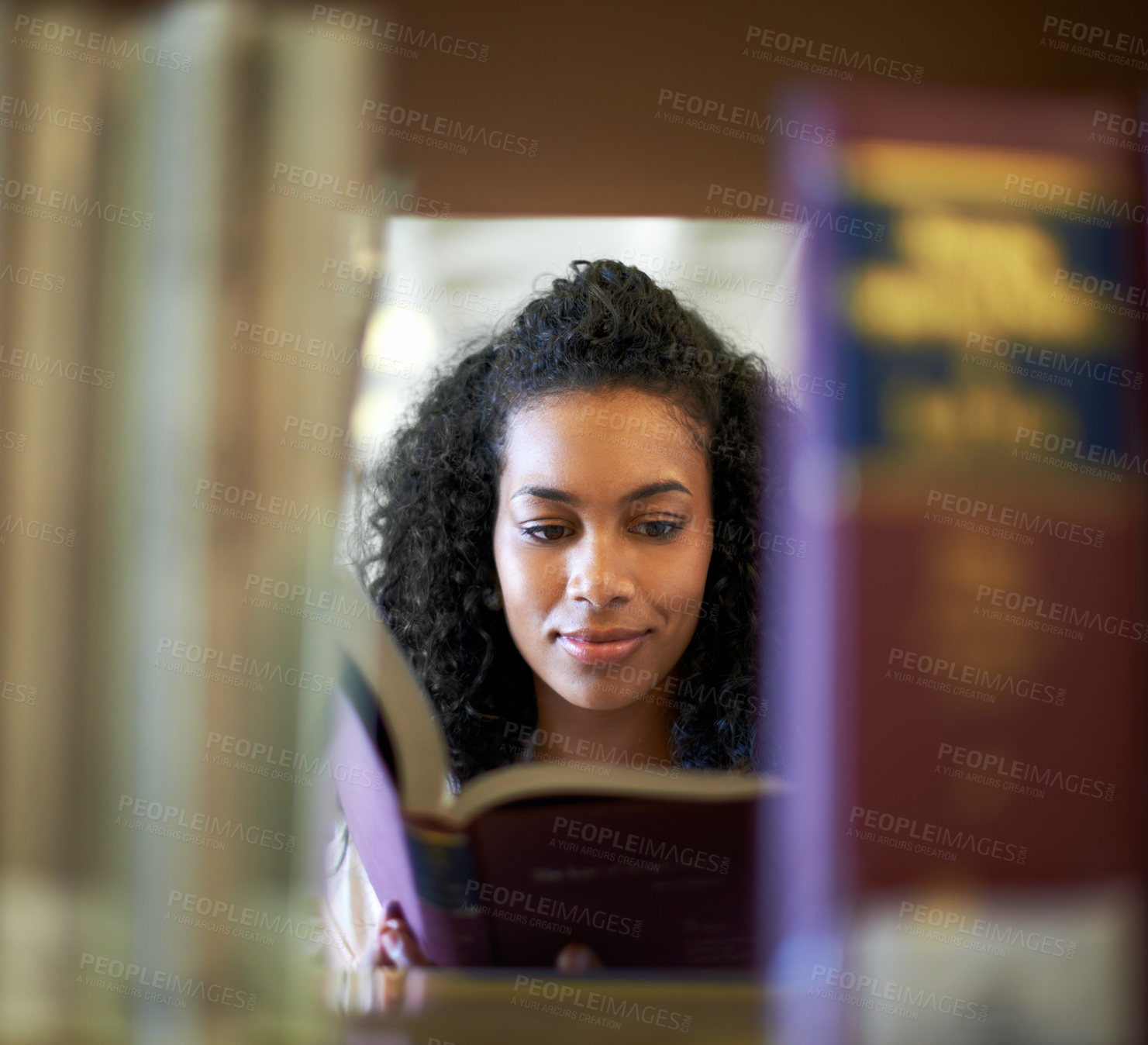Buy stock photo Reading, bookshelf and woman with books in library for knowledge, learning and studying at college. University, education and person with textbook for literature, research and information at academy