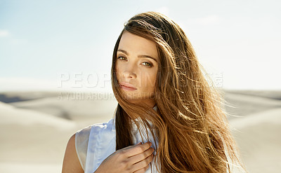 Buy stock photo Portrait, desert and woman with holiday, sunshine and weekend break with long hair on getaway trip. Face, person and girl with vacation and summer with wind and outdoor with nature or relaxing