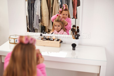 Buy stock photo Girls, bedroom and mirror with beauty, hairstyle and happiness with vacation and bonding together. Makeup, home and kids with fun and holiday with grooming and childhood with joy and weekend break