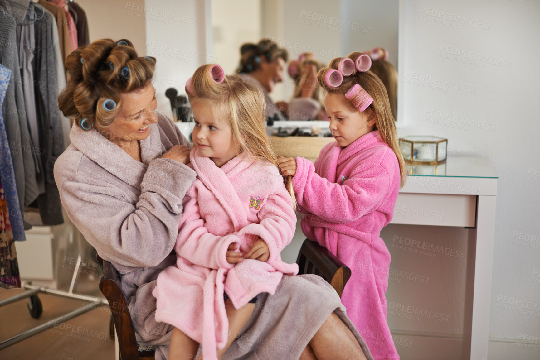 Buy stock photo Fashion, hair and mother with children in wardrobe for dressing, getting ready and choose outfit. Family, beauty and mom and young girl with clothing, style and makeover for bonding, fun or cosmetics
