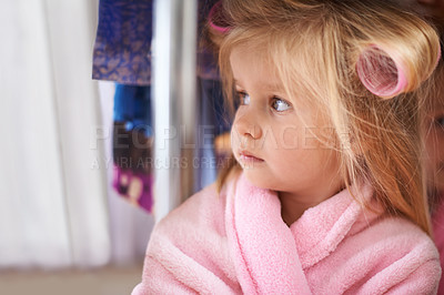 Buy stock photo Cropped shot of a young girl in a bathrobe