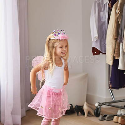 Buy stock photo Princess, dance and portrait of girl with costume in home for fun, play or pretend for happy kids game. Fantasy, fashion and child in creative fairy fancy dress with wings, tiara and smile in bedroom