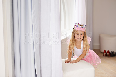 Buy stock photo Princess, costume and portrait of girl in home for fun, playing and pretend for happy kids game. Fantasy, fashion and child in creative fairy fancy dress with wings, tiara and smile in bedroom.