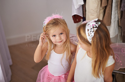 Buy stock photo Girl, sister and portrait with fairy costume in bedroom of home for dress up, fantasy play or tiara with smile. Family, children and face with princess outfit for bonding, fashion or happy with wings