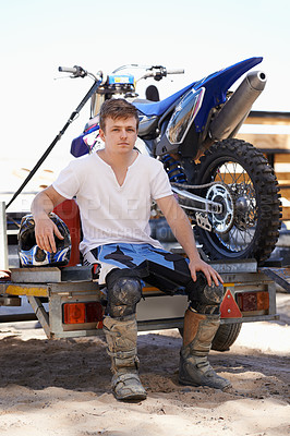 Buy stock photo Man, motorcycle and portrait with pickup truck, sport and trailer with pride for contest, ready and motor cross. Person, feet and boots for race, game and dirt bike on trail, path or countryside road