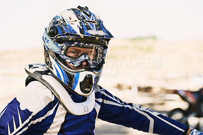 Buy stock photo Motorbike, extreme sport and portrait for man in helmet for competition, race and games with safety. Person, motorcycle and outdoor for contest, motor cross and fast transport with speed in desert