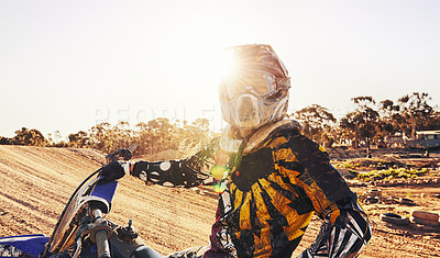 Buy stock photo Sports, dirtbike and man in helmet, training and off road riding with desert glare. Extreme transport, bike and gear for motorbike competition, freedom and adrenaline for professional racing male 