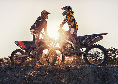 Buy stock photo Sport, racer or people on motorcycle outdoor on dirt road with relax after driving, challenge or competition. Sunrise, motorbike or dirtbike driver with helmet on offroad course or path for racing
