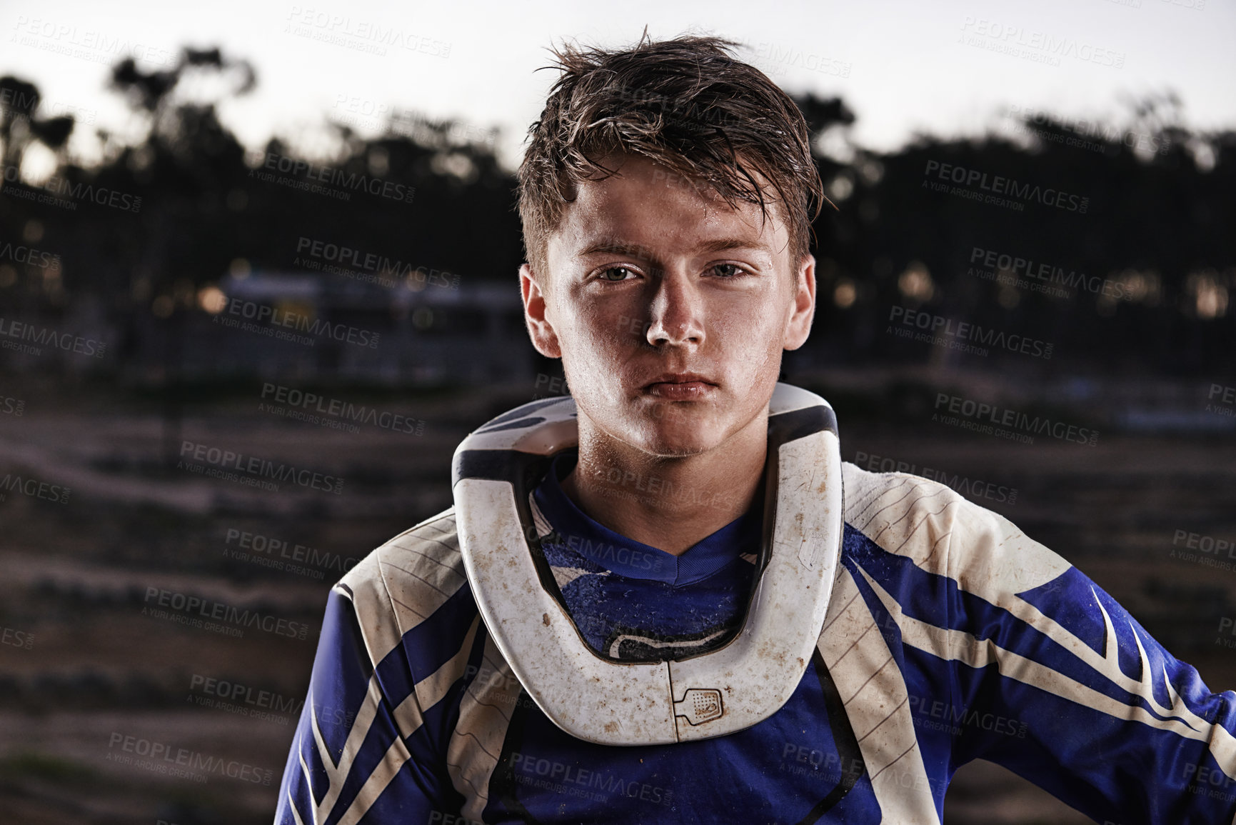 Buy stock photo Sports, mud and portrait of man biker on offroad in gear for race, challenge or competition. Serious, adventure and face of male athlete motorcyclist with dirt at action motorcross rally outdoor.