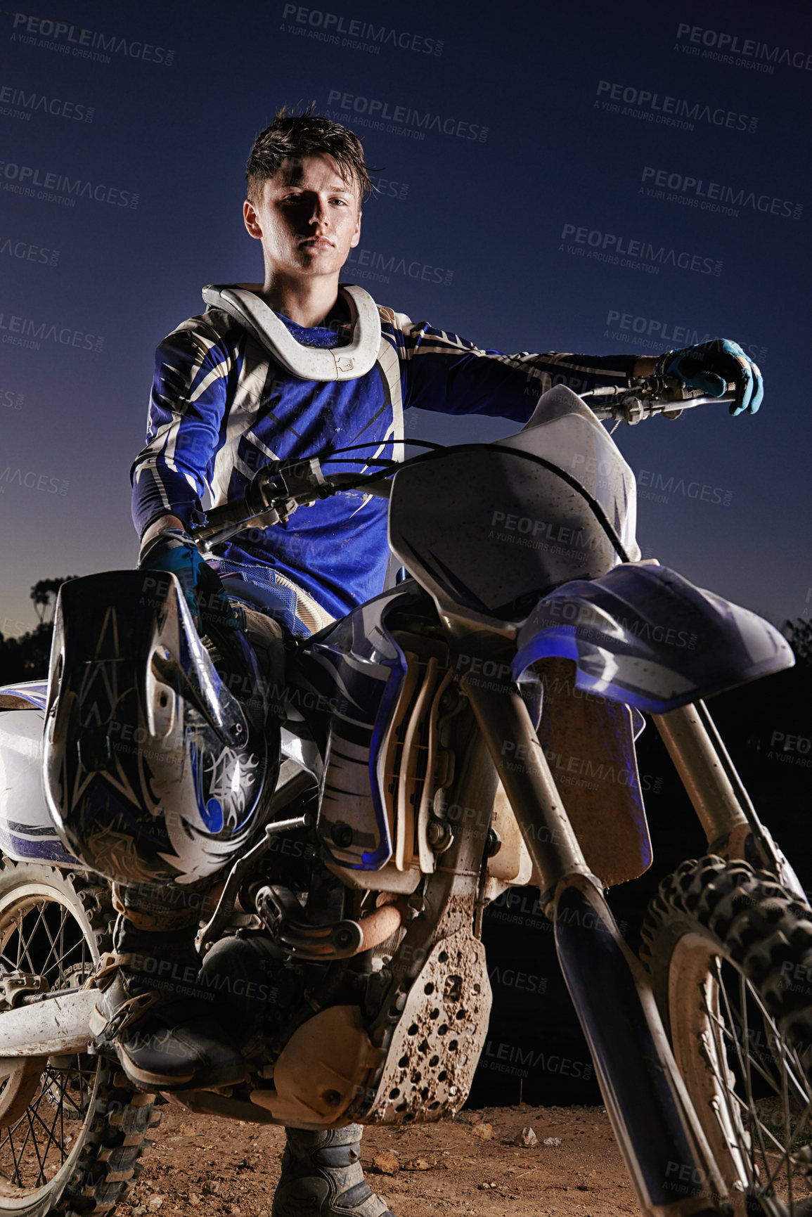 Buy stock photo Sport, competition and portrait of man with off road motorbike, confidence and gear for race challenge. Adventure, adrenaline and serious face of athlete on extreme course with dirt bike in evening