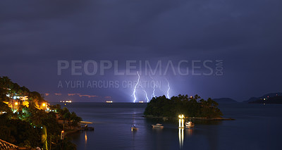 Buy stock photo Thunderstorm, sea and land with bad weather, nature and raining with storm and New York city. Clouds, climate change or ocean with lightning or night with warning or island with winter, dark or water