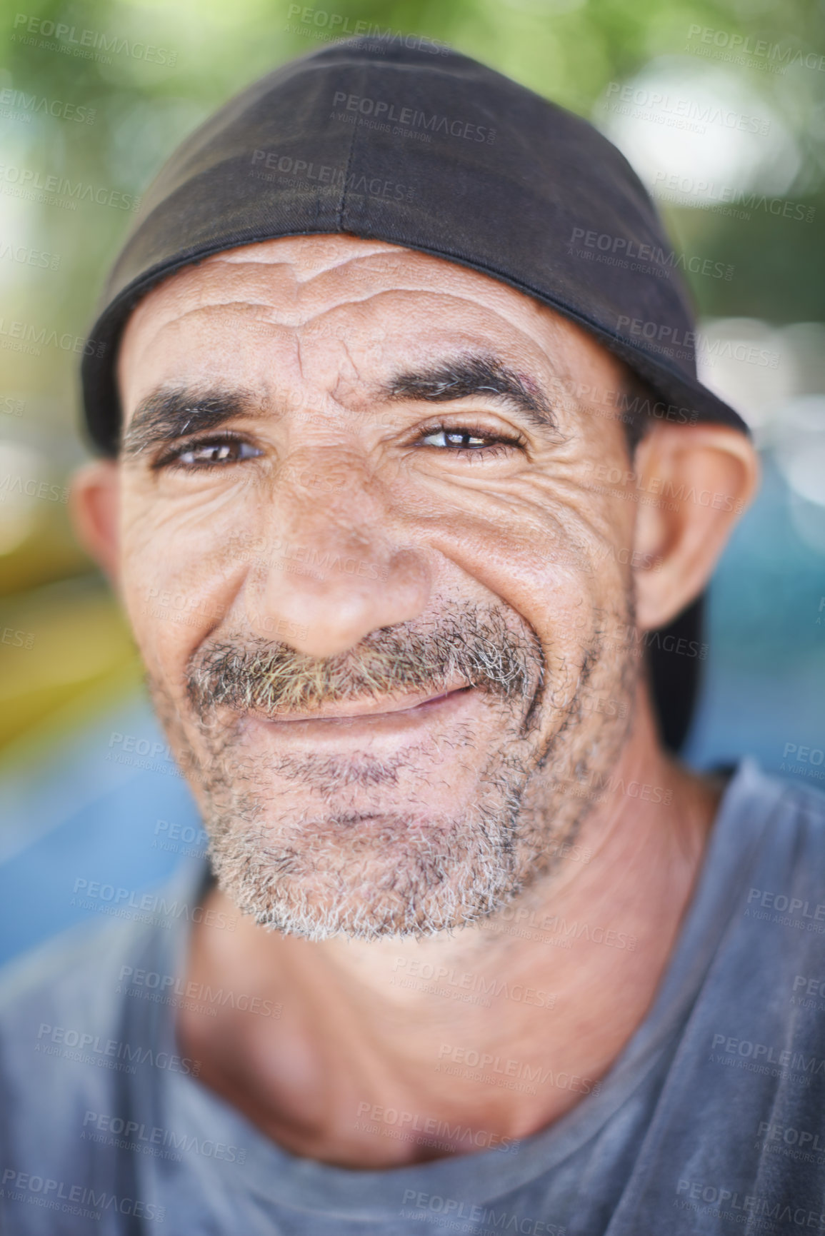 Buy stock photo Portrait , smile and happy senior man in nature, outdoors and wrinkles from sunlight exposure. Grandfather, face and aged male from Brazil , closeup and local rainforest natural and retired 
