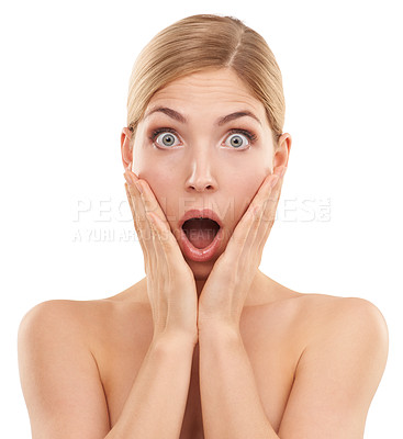 Buy stock photo Studio, portrait and beauty for surprised woman on white background, cosmetics and makeup for face of girl. Female person, shocked and expression for results of aesthetic, dermatology and treatment