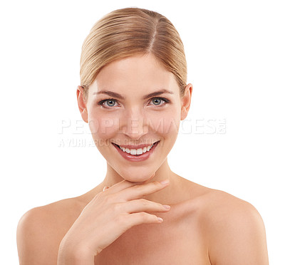 Buy stock photo Skincare, cosmetics and portrait of happy woman in studio with beauty, confidence and facial glow. Dermatology, healthy skin and face of girl on white background with luxury care, smile and wellness.