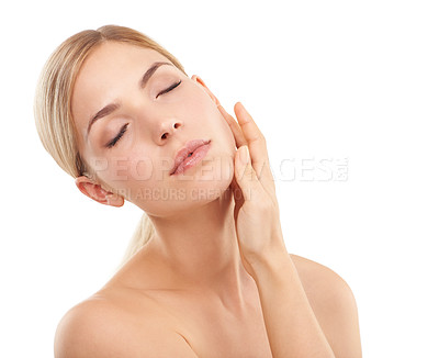 Buy stock photo Beauty, cosmetics and relax with woman in studio for skincare, mockup and natural facial. Dermatology, healthy skin and face of girl on white background space with self care, glow and wellness.