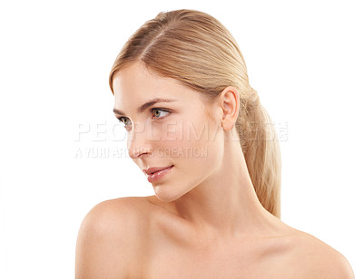Buy stock photo Beauty, skincare and face of woman with natural glow, cosmetics and confidence in studio. Dermatology, healthy skin and girl on white background with self care, luxury facial and anti aging wellness.