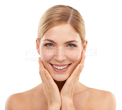 Buy stock photo Beauty, skincare and portrait of happy woman with natural glow, cosmetics and smile in studio. Dermatology, healthy skin and face of girl on white background with care, facial and anti aging wellness
