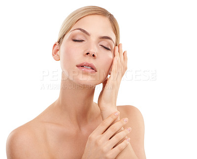 Buy stock photo Beauty, skincare and relax with face of woman for natural glow, cosmetics and self care in studio. Dermatology, healthy skin and girl on white background with luxury, facial and anti aging wellness.