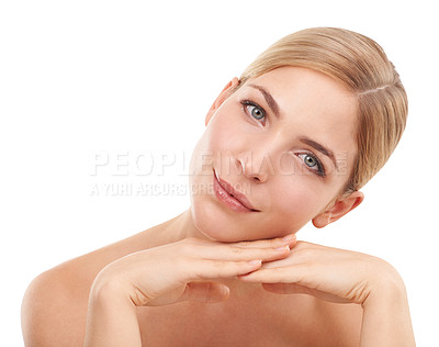 Buy stock photo Beauty, cosmetics and portrait of woman with skincare, confidence and facial glow in studio mockup. Dermatology, healthy skin and face of girl on white background with hygiene care, smile or wellness