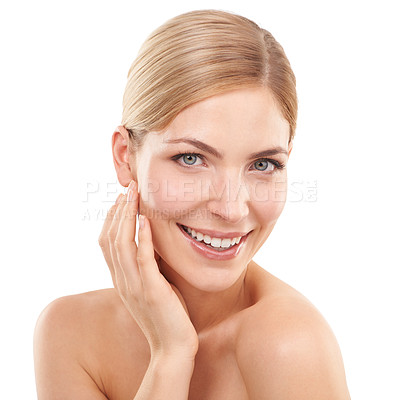 Buy stock photo Beauty, cosmetics and portrait of happy woman with skincare, confidence and facial glow in studio. Dermatology, healthy skin and face of girl on white background with luxury care, smile and wellness