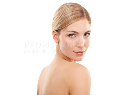 Buy stock photo Beauty, skincare and portrait of woman with wellness, confidence and facial glow in studio mockup. Dermatology, healthy skin and face of girl on white background with self care, makeup and cosmetics